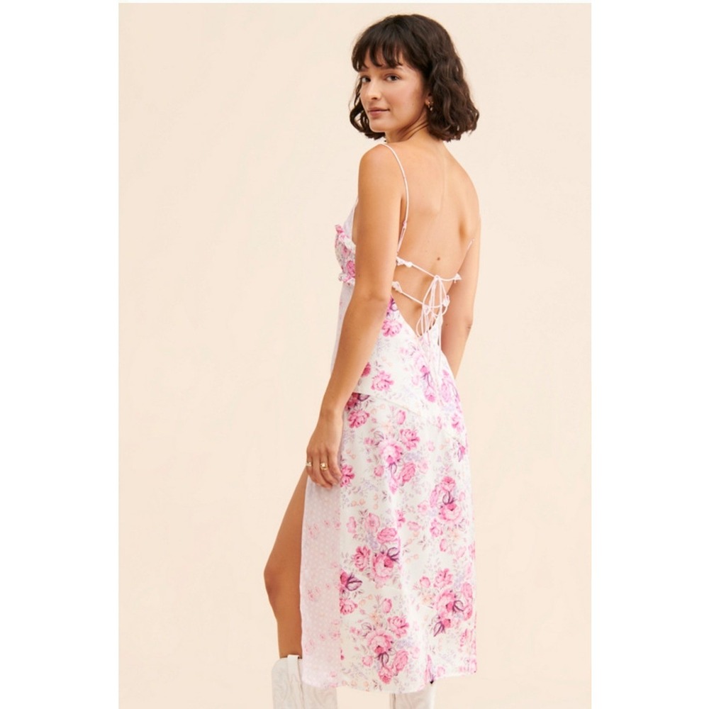 For Love & Lemons Taylor Midi Dress XXS Floral Satin Slit Cottagecore Romantic - Picture 4 of 12
